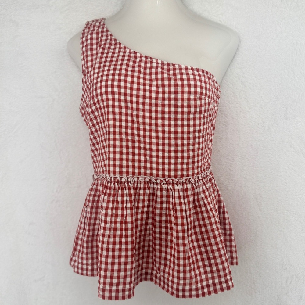 crown & ivy One-Shoulder Red and White Gingham Peplum Top